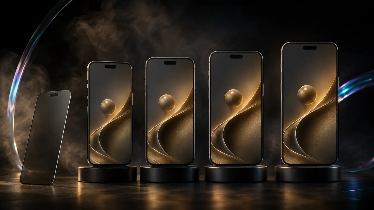 Illustration av flera telefonstorlekar i iPhone 17-serien och iPhone Air med ett separat privacyglas